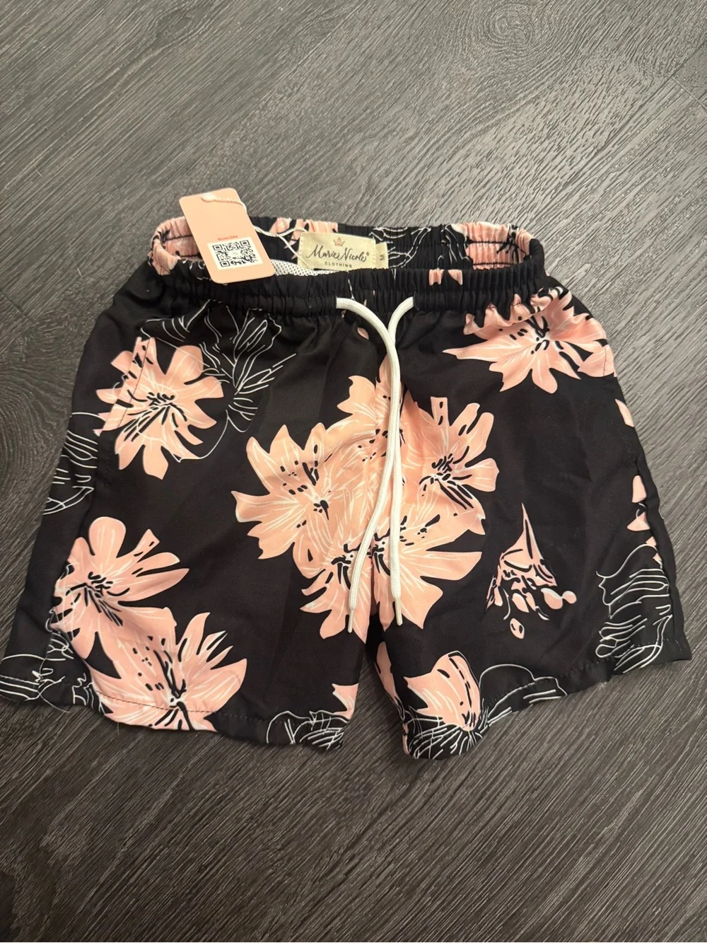 🌺 Black Pink Floral Drawstring Swim Shorts - Pink Flowers Medium Toddler New 3/4